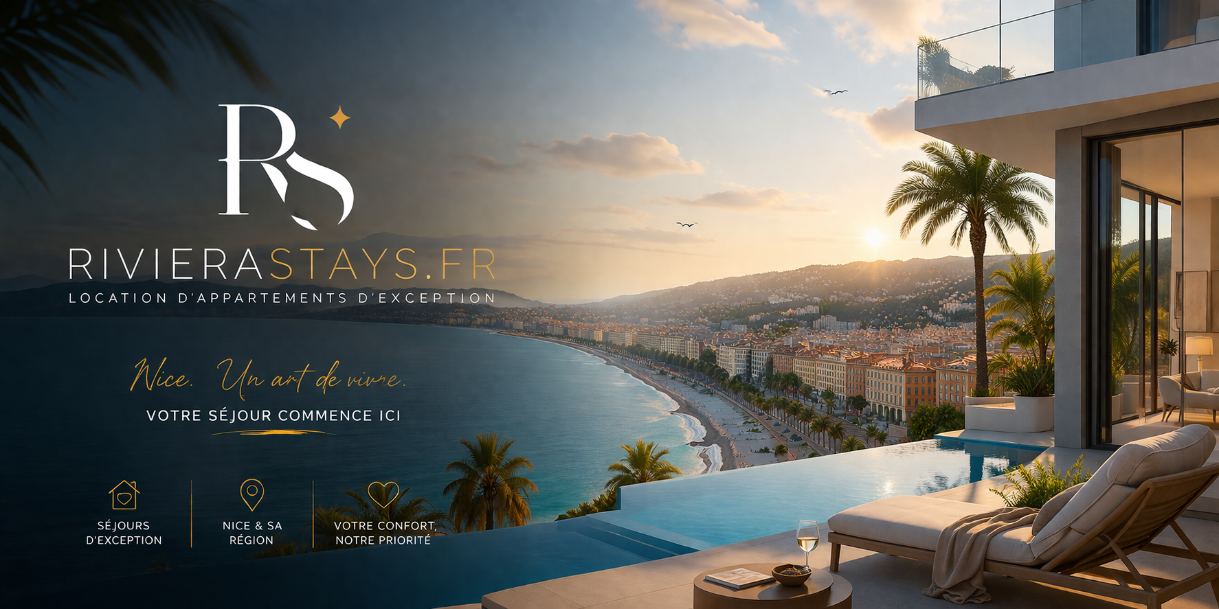 Bandeau RivieraStays.fr sur une vue panoramique de Nice et de la baie au coucher du soleil.