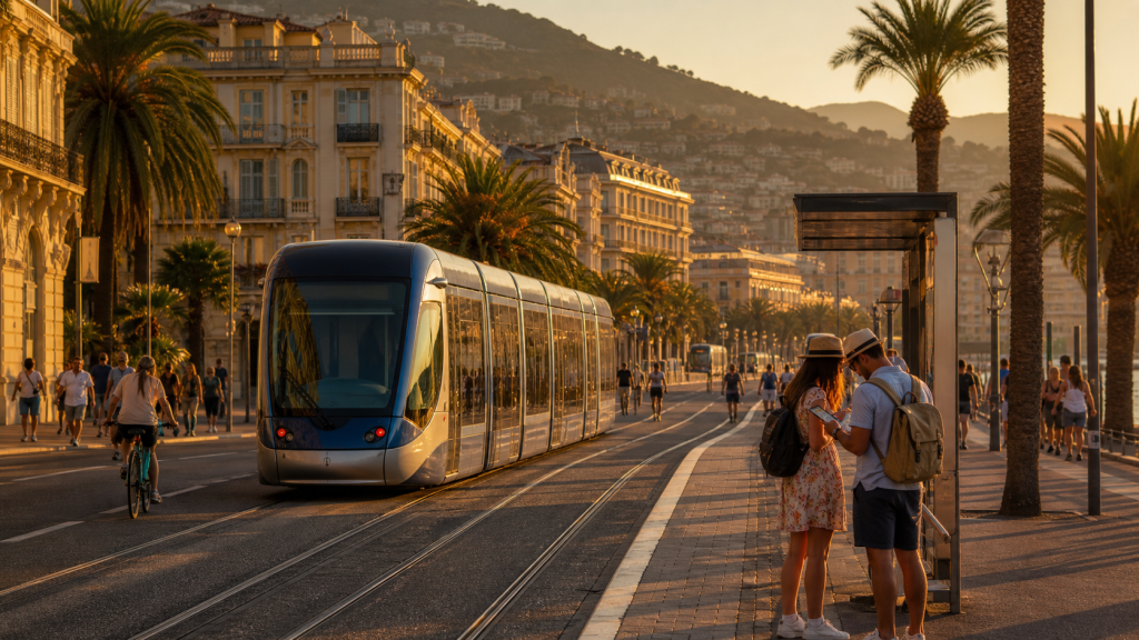Tramway traversant Nice au crépuscule tandis que des visiteurs consultent leur itinéraire près d’un arrêt