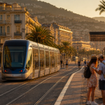 Se déplacer à Nice fin juillet 2026 : tram, Parcazur et fermetures à anticiper Tramway traversant Nice au crépuscule tandis que des visiteurs consultent leur itinéraire près d’un arrêt