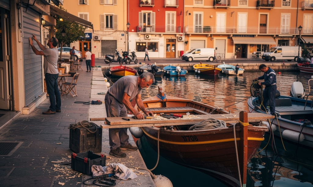 Au bord du bassin Lympia, un artisan entretient une barque traditionnelle en bois tandis que d’autres professionnels préparent leur journée