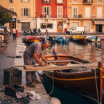 Au bord du bassin Lympia, un artisan entretient une barque traditionnelle en bois tandis que d’autres professionnels préparent leur journée