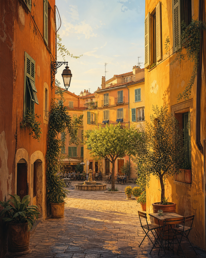 Une place colorée du Vieux-Nice avec fontaine, façades et terrasses