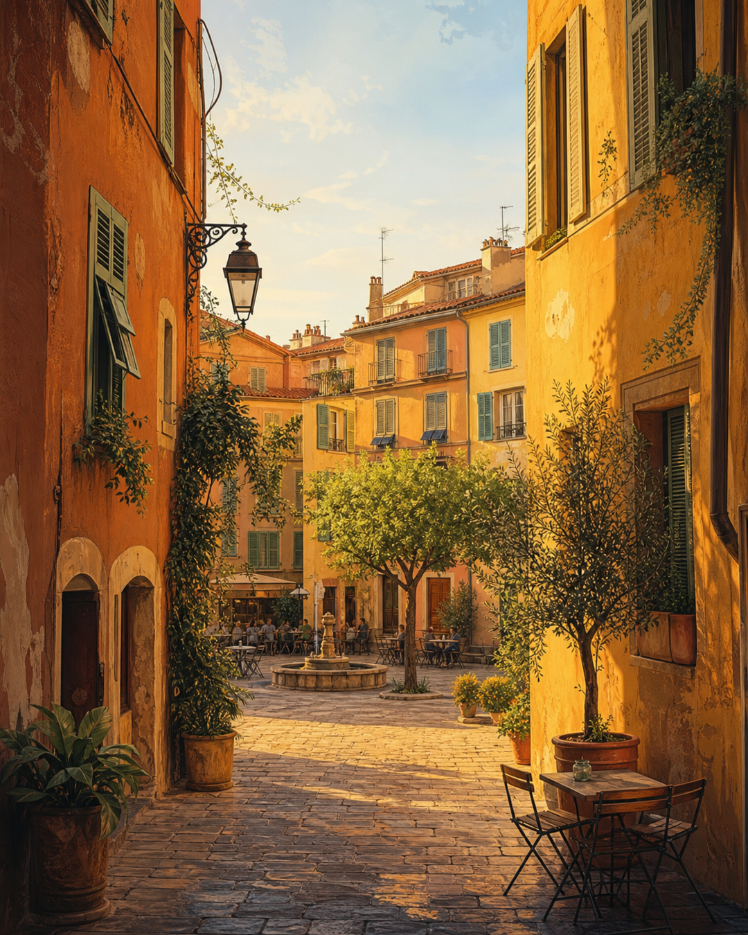 Une place colorée du Vieux-Nice avec fontaine, façades et terrasses