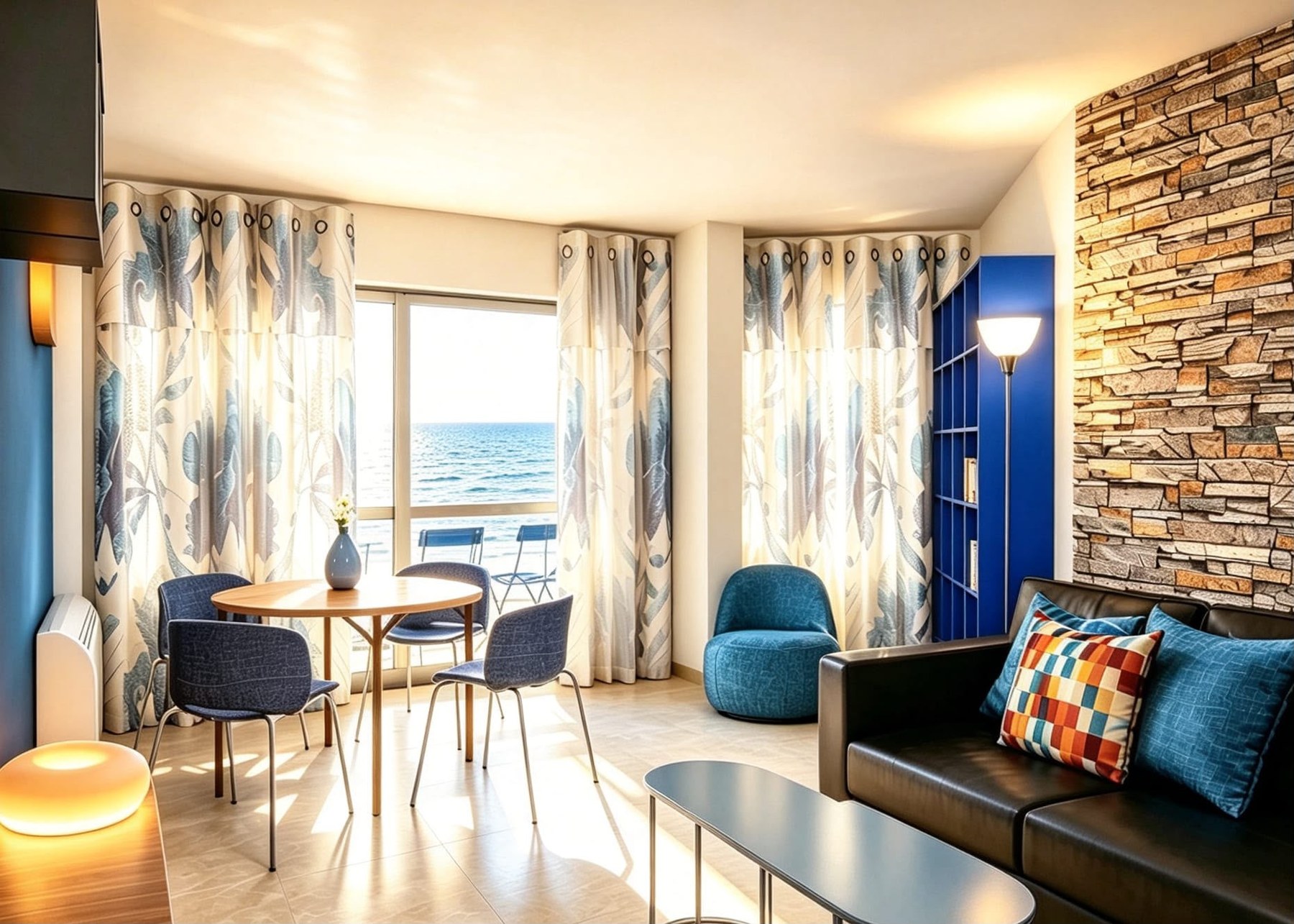 Riviera Stays Cagnes Plage Séjour lumineux de Riviera Stays Cagnes Plage avec table ronde, canapé-lit, télévision 55 pouces et décoration bleu Riviera.