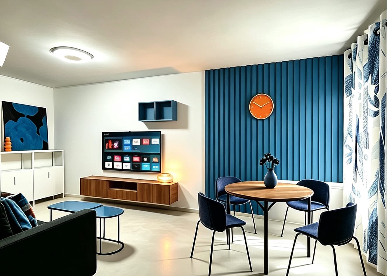 Riviera Stays Cagnes Plage Coin repas et salon climatisé avec ouverture vers le balcon et vue partielle sur la Méditerranée.