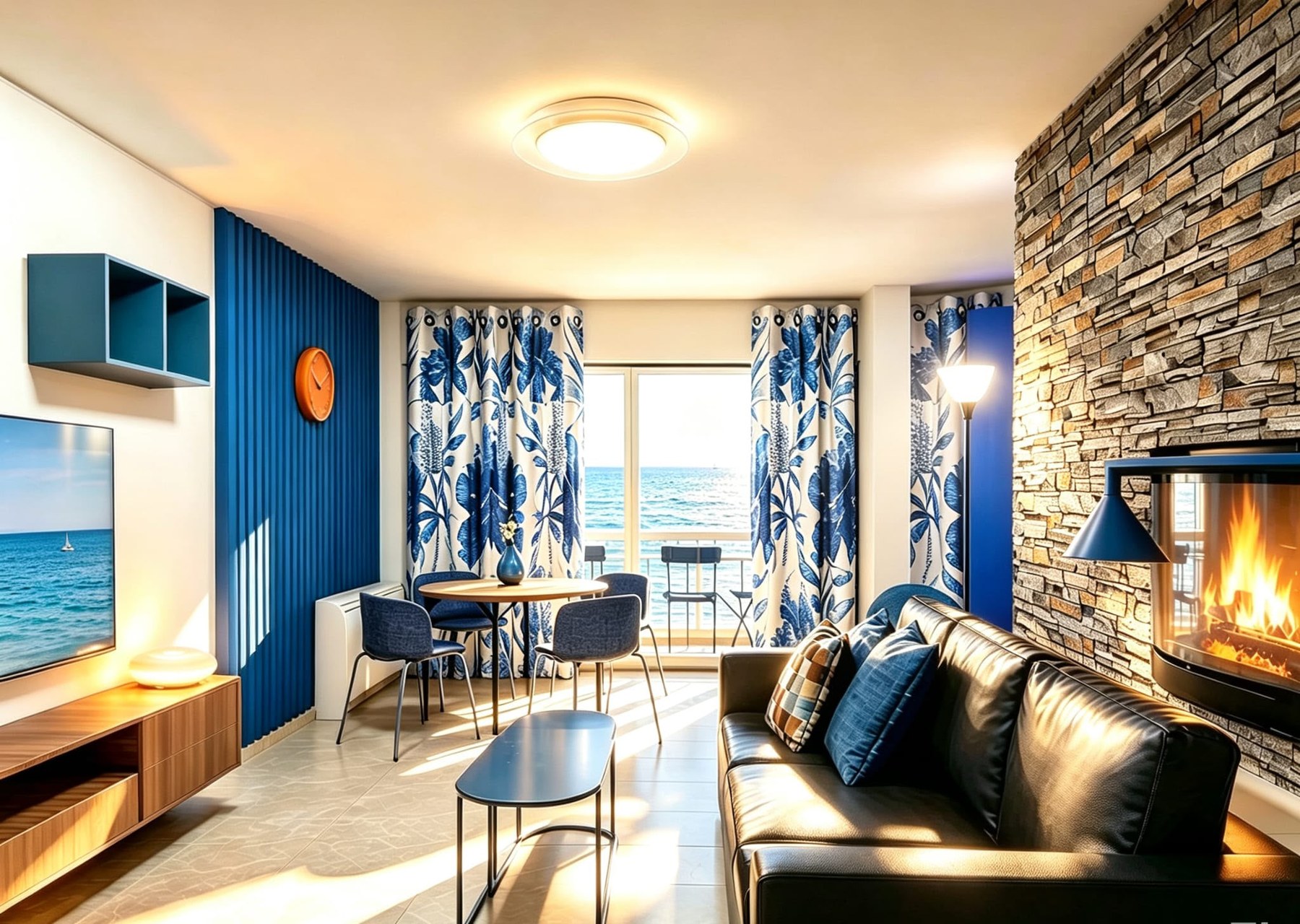 Riviera Stays Cagnes Plage Pièce de vie décorée avec canapé-lit, rangements et accès vers la cuisine équipée.