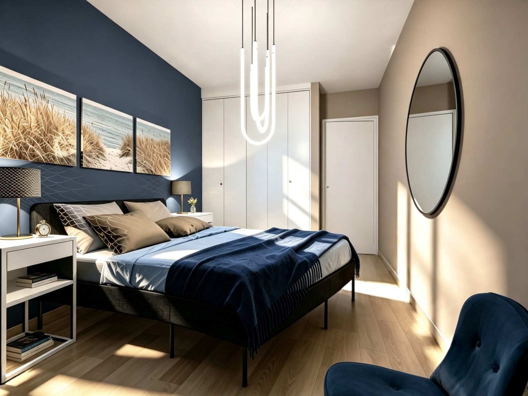 Riviera Stays Cagnes Plage Chambre avec lit double 140 x 200, rangements et volets roulants électriques.