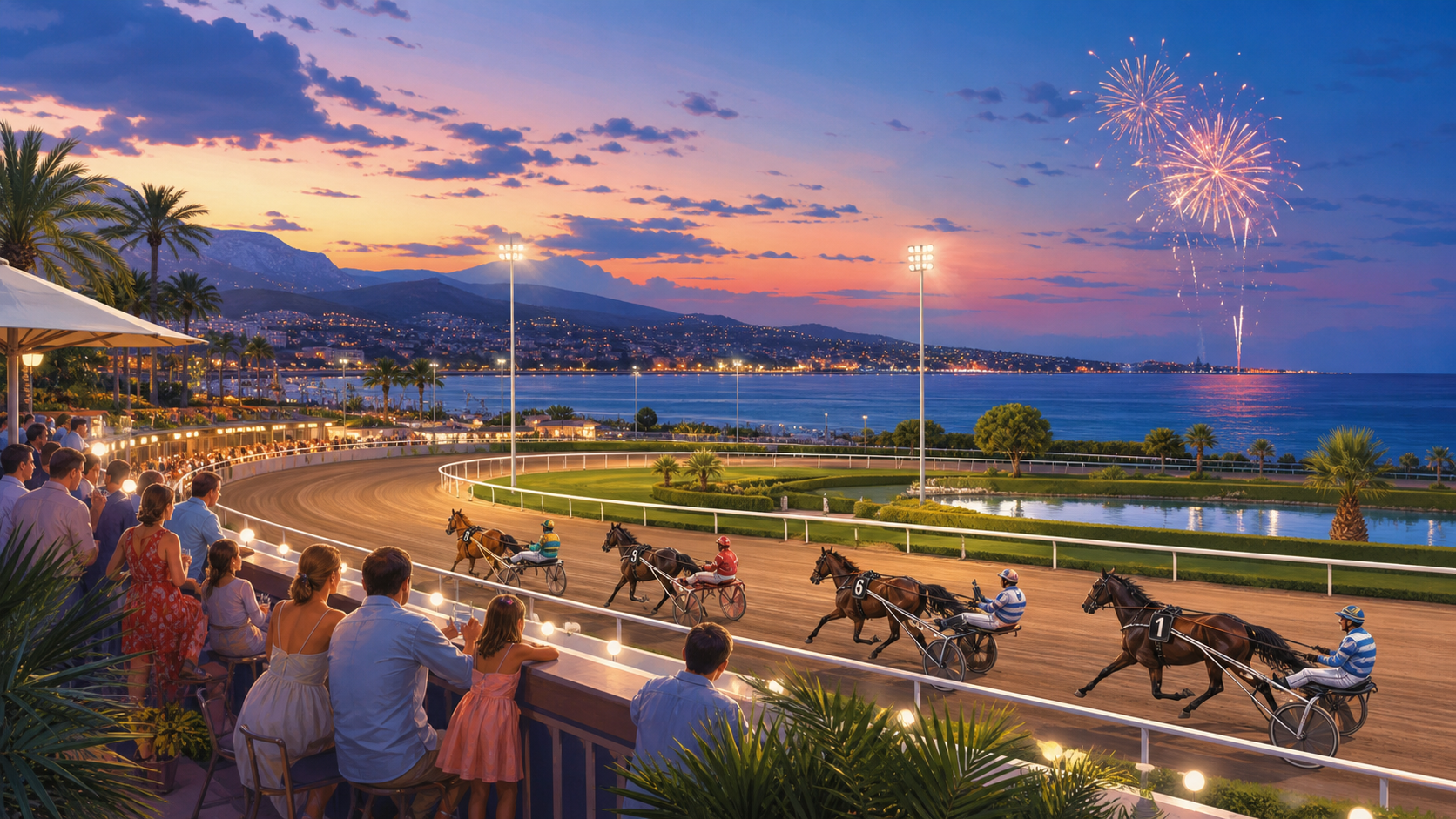 Illustration éditoriale originale pour Cagnes-sur-Mer : une nuit de courses, de mer et de feu d’artifice sur rivierastays.fr