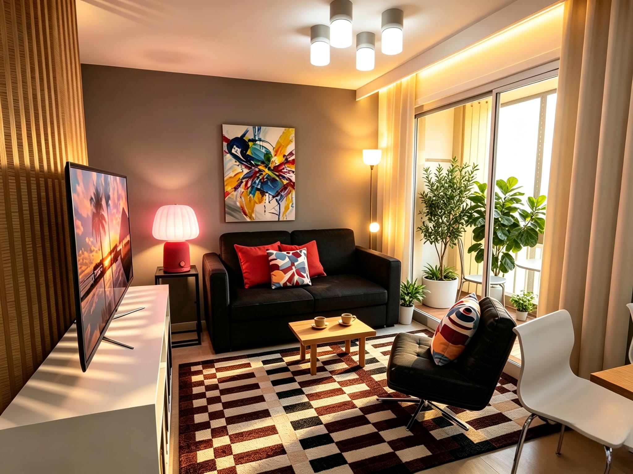 Pièce de vie du Studio Cagnes avec salon, télévision et accès à la loggia.